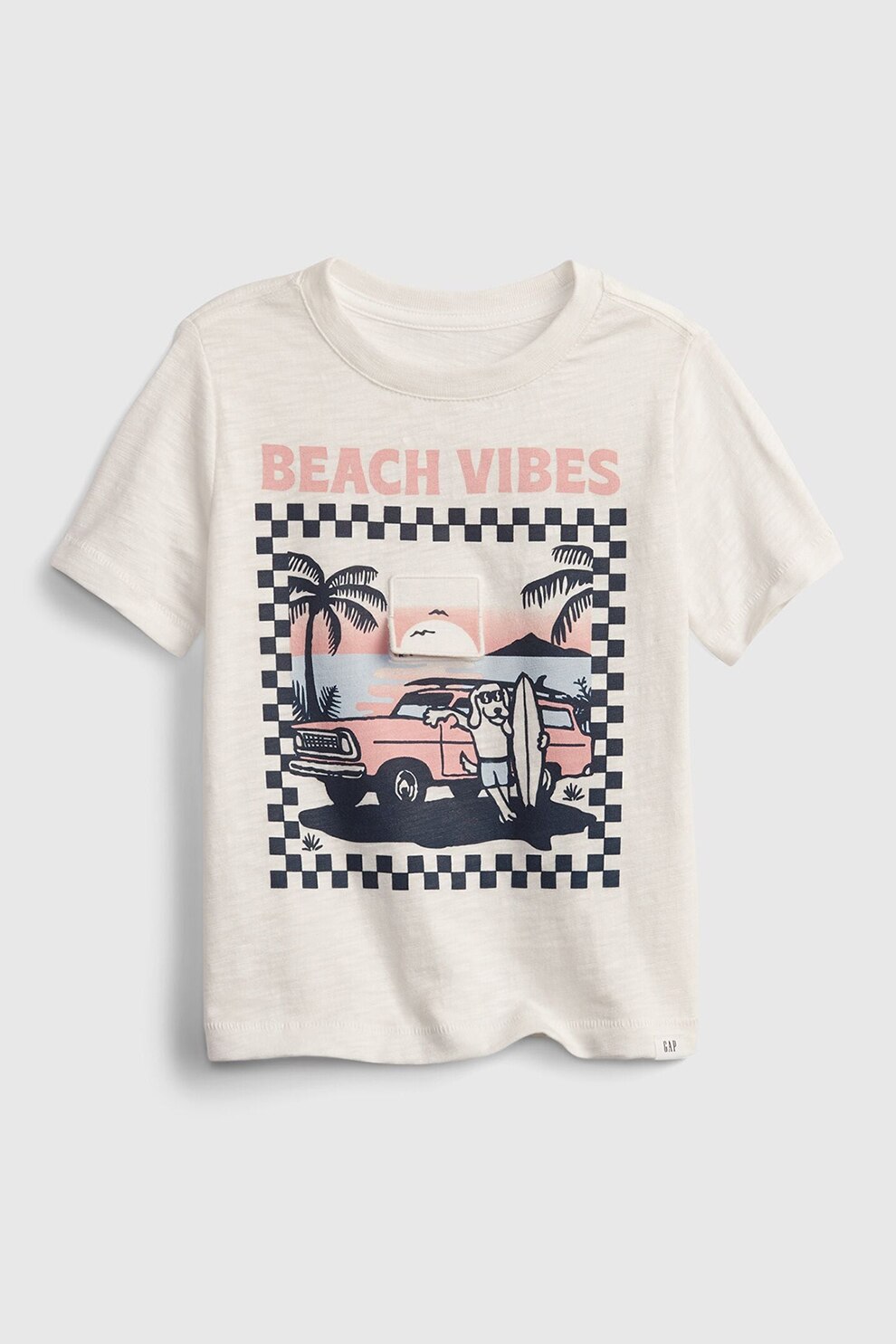 GAP, Tricou cu decolteu la baza gatului si imprimeu grafic, Alb/Bleumarin