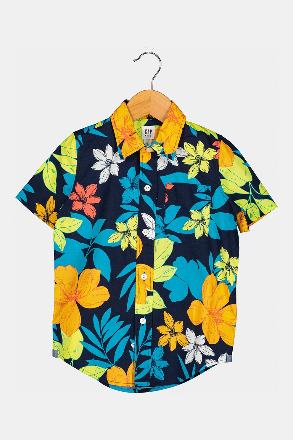 GAP, Camasa cu maneci scurte si model, Albastru/Oranj/Galben