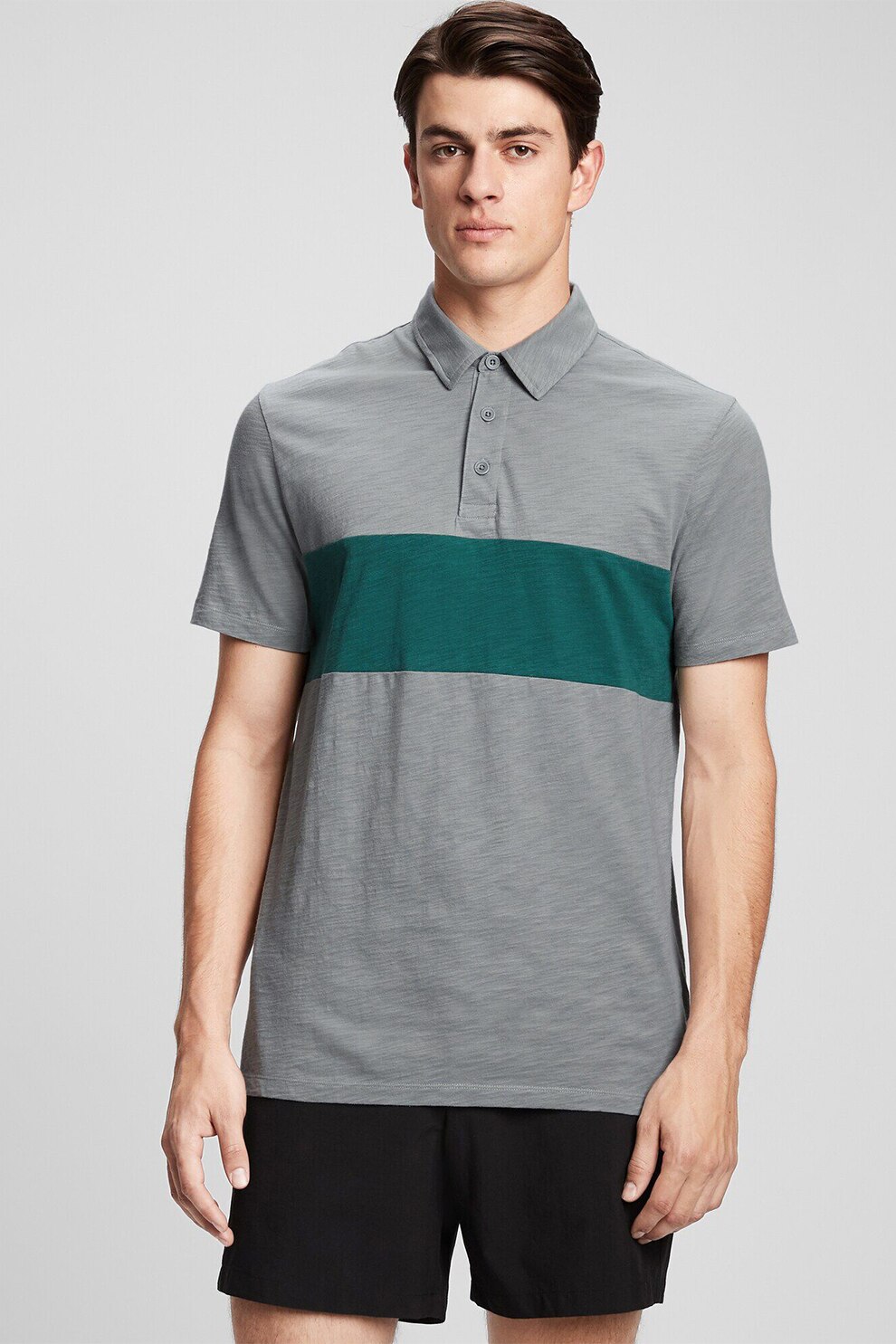 GAP, Tricou polo colorblock, Gri/Verde forest