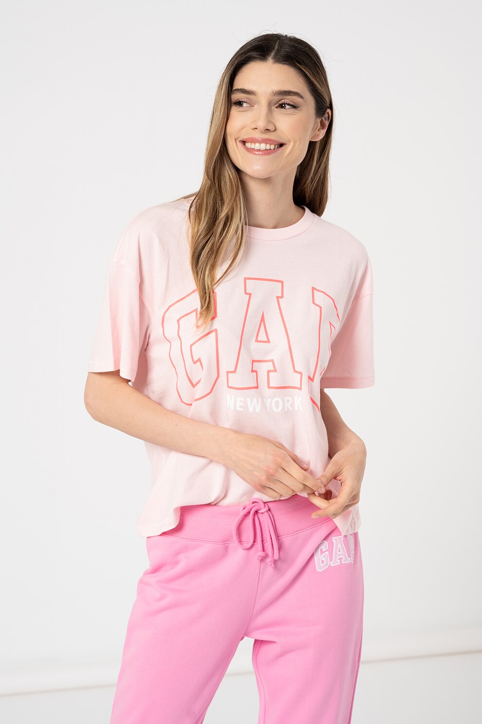 GAP, Tricou lejer cu imprimeu logo, Roz/Alb