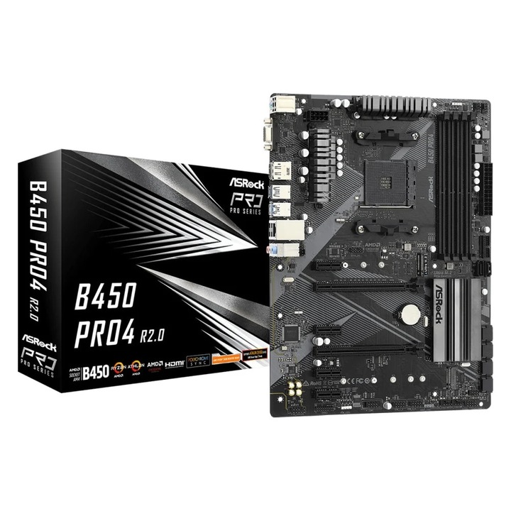 Placa de baza, ASRock, B450 Pro4 R2.0, Socket AM4, Negru