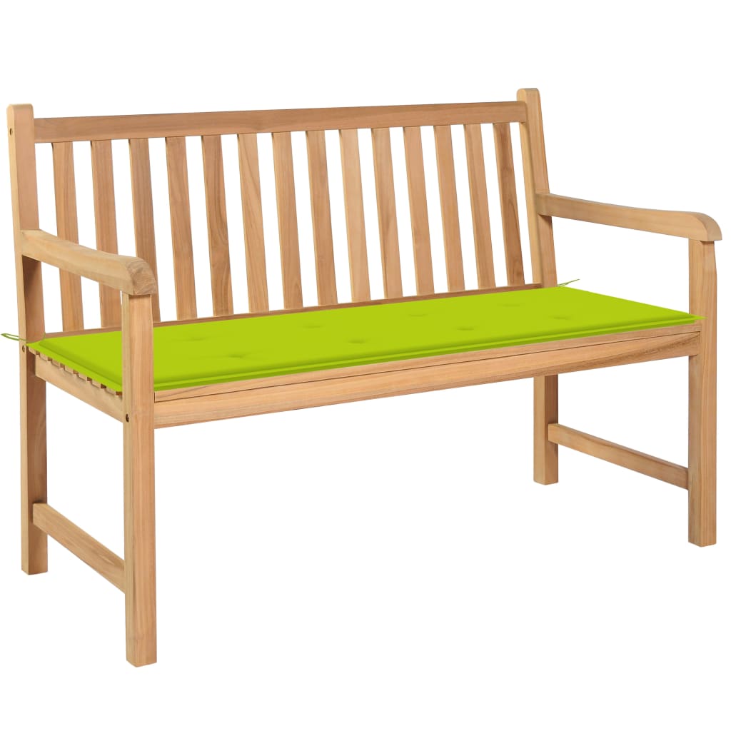 Banca de gradina cu salteluta si cu brate, vidaXL, Lemn de tec-Textil, 120 x 62,5 x 90 cm, 4 cm, Maro-Verde aprins