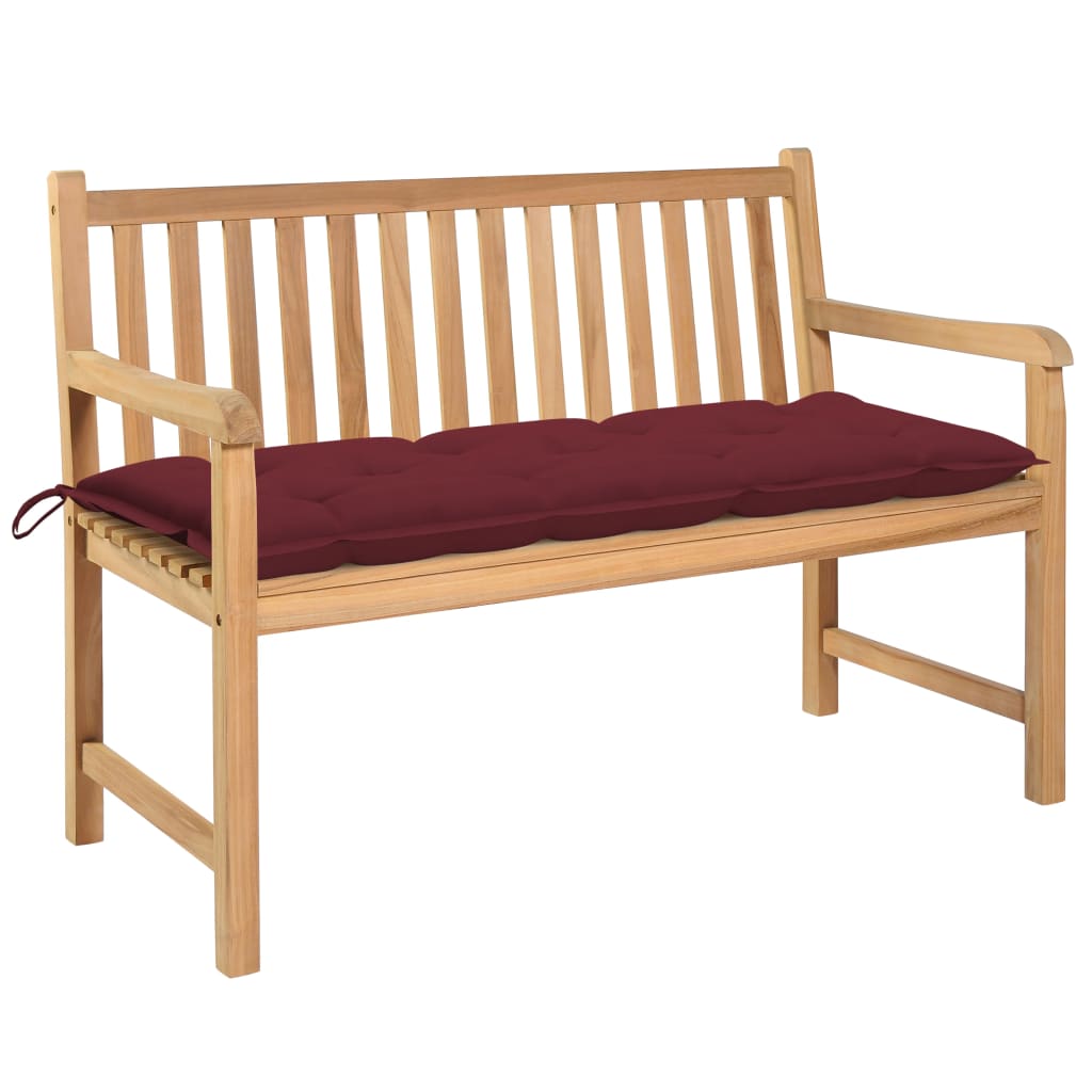 Banca de gradina pentru 2 persoane cu perna rosu vin vidaXL, Lemn de tec, 120 x 62.5 x 90 cm, Maro/Rosu vin