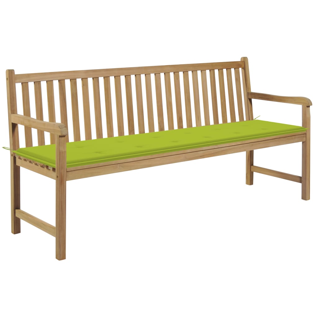 Banca de gradina cu salteluta si cu brate, vidaXL, Lemn de tec-Textil, 175 x 60 x 90 cm, 7 cm, Maro-Verde aprins
