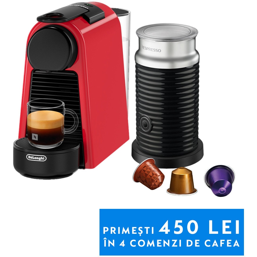 Pachet Espressor Nespresso by De'Longhi Essenza Mini Red, 19 bari, 1260 W, 0.6 l + aparat pentru spumare lapte AEROCCINO 3 Black 410W, set capsule degustare inclus