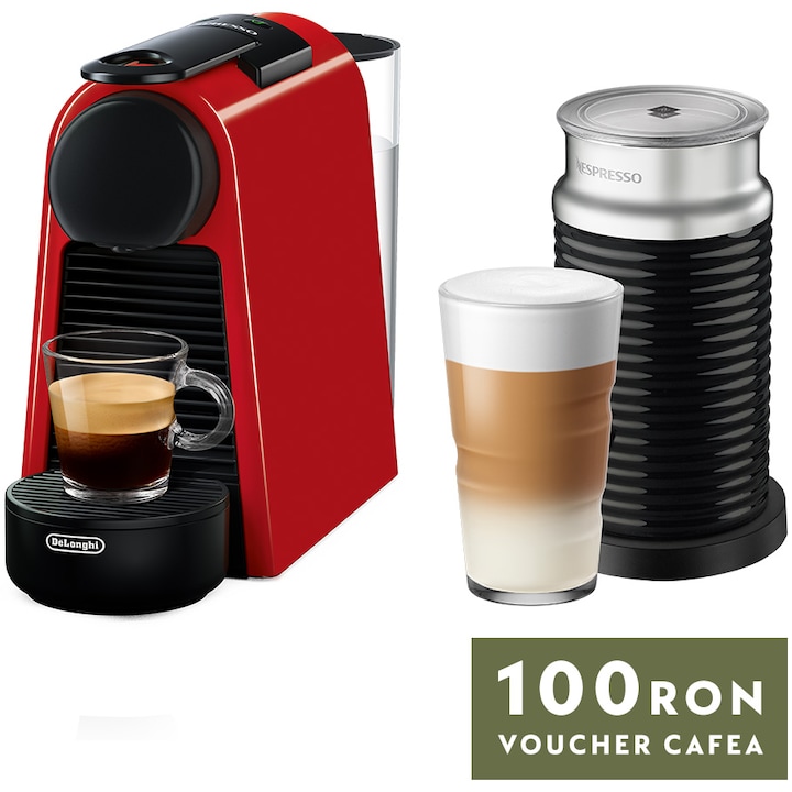 Pachet Espressor Nespresso De'Longhi Essenza Mini EN85.RAE, 1450W, 19 Bar, + Aparat pentru spumare lapte Aeroccino 3 Negru, 0.6L, Rosu + set capsule degustare
