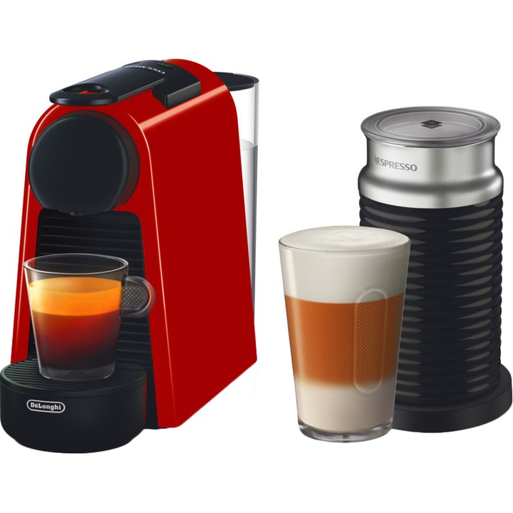 Комплект кафемашина Nespresso De'Longhi Essenza Mini Red, 19 бара, 1260 W, 0.6 л + Уред за разпенване на мляко AEROCCINO 3 Black, 410W