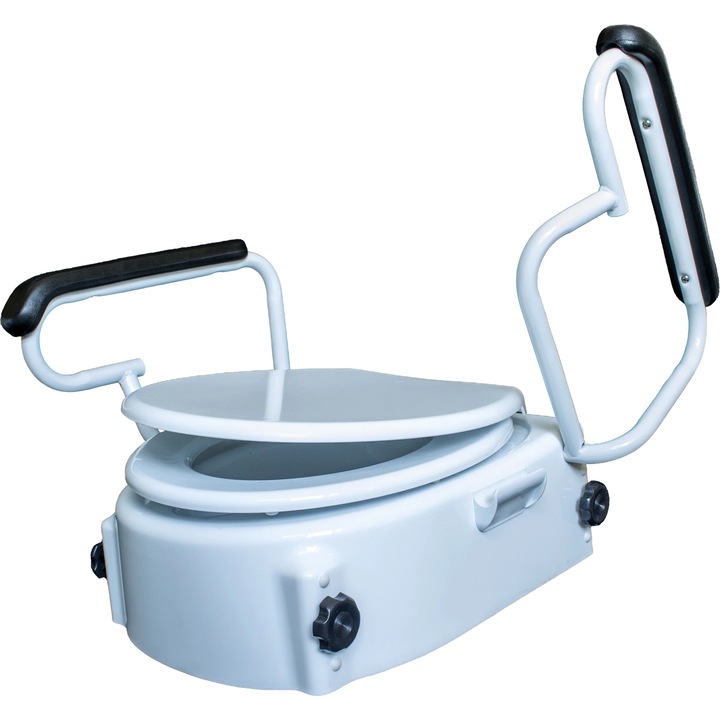 Inaltator wc cu capac si manere rabatabile, Inaltime reglabila 6/10/14 cm, Sistem de fixare, Rezistent si usor de curatat, Alb, 150 kg, Kinetika