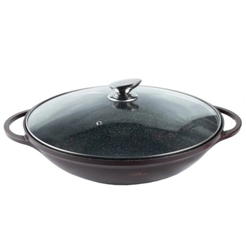 Tigaie Wok aluminiu cu interior marmorat si capac sticla, 36 cm,manere detasabile Tigaie Wok aluminiu cu interior marmorat si capac sticla, 36 cm,manere detasabile