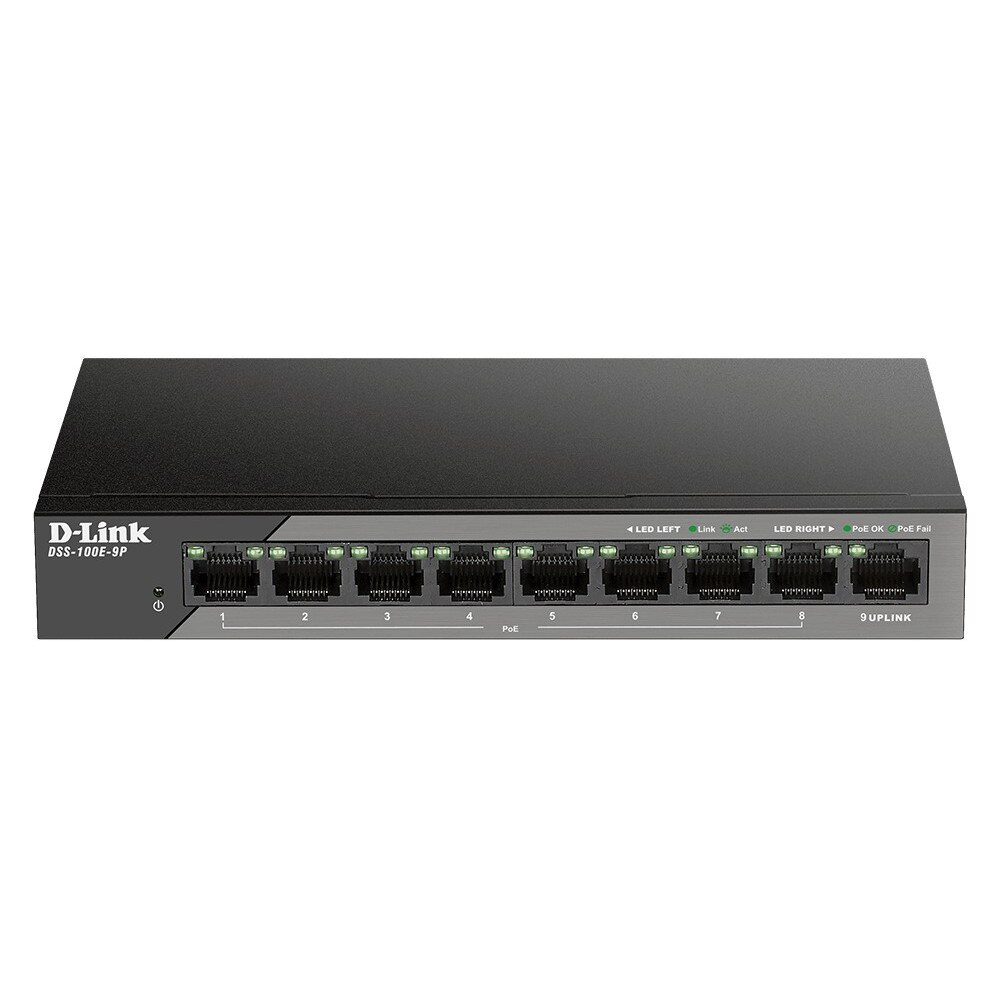 Switch PoE D-LINK Unmanaged DSS-100E-9P 8 porturi 10/100Mbps si 1 x Gigabit Uplink, 8 PoE, carcasa metalica