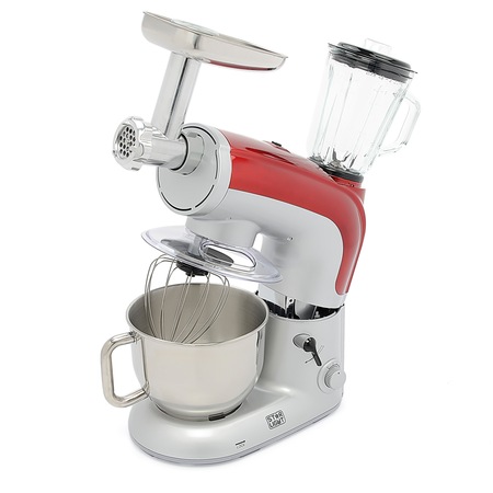 Robot bucatarie Star-Light SMM-1200BMG, 1200 W, Bol 5.5 l inox, 6 Viteze, Functie Pulse, Masina tocat carne, Blender vas sticla 1.5 l, Argintiu/Rosu