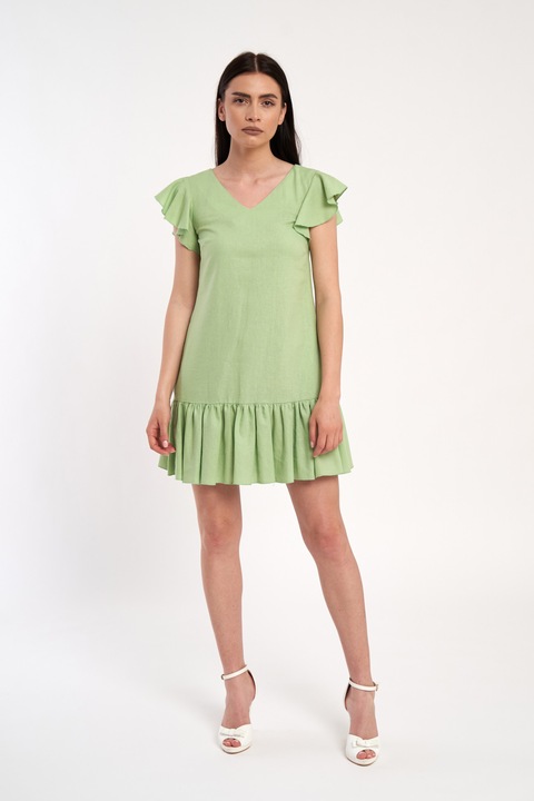 Ленена рокля със странични джобове, Зелен