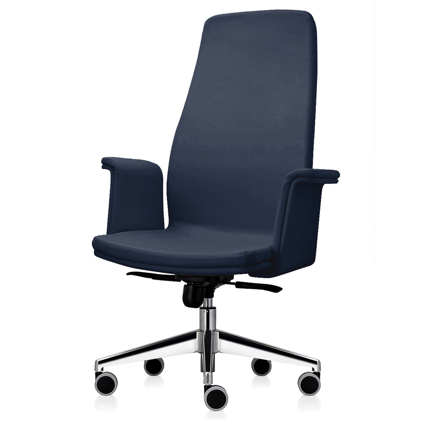 Scaun directorial de birou TRAFFIC CHAIRS SILI, ALBASTRU, piele naturala, brate tapitate piele naturala, baza ALUMINIU, mecanism multiblock, role gumate mari