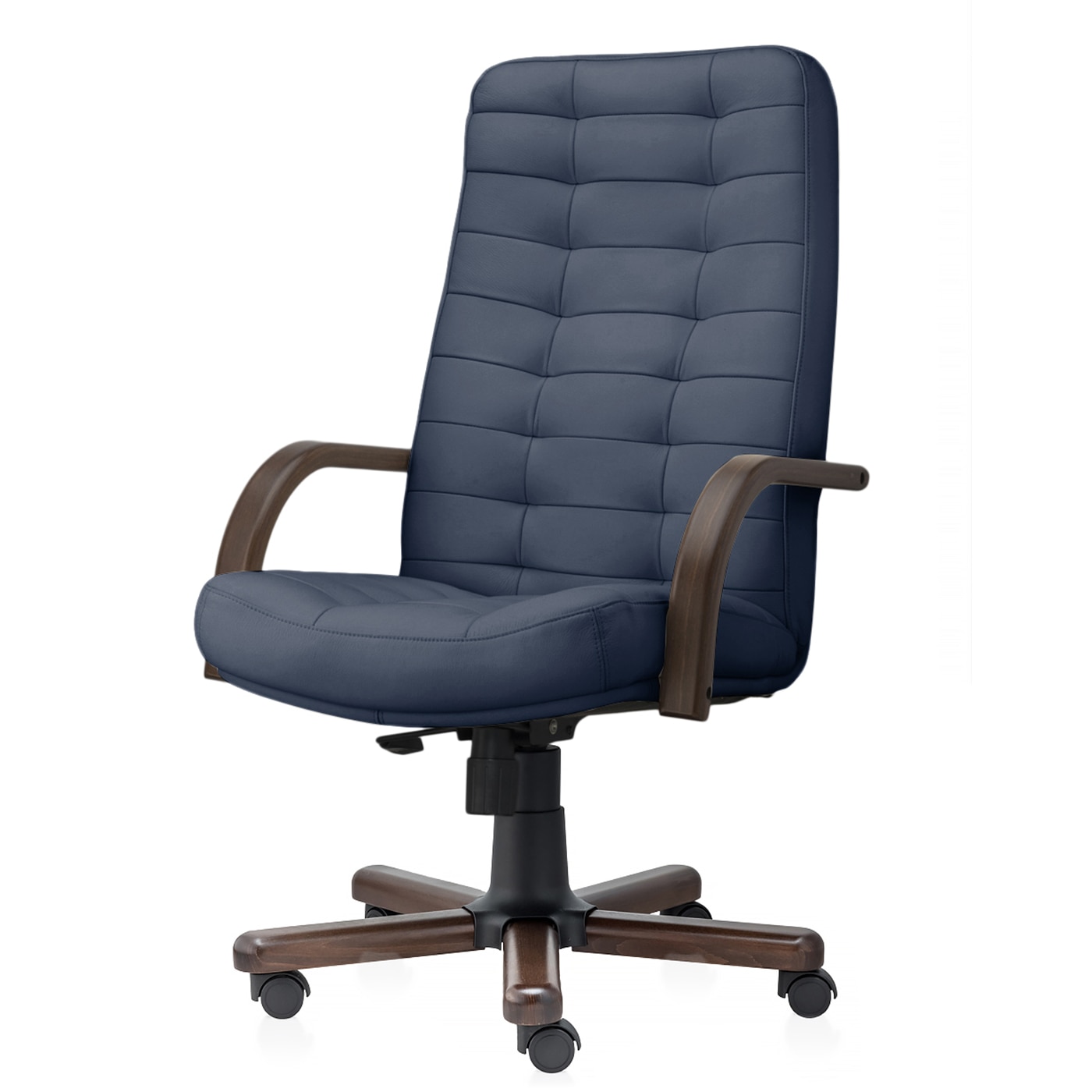 Scaun directorial de birou TRAFFIC CHAIRS VERTEBRA, PIELE NATURALA, ALBASTRU, brate din Lemn Masiv, baza din fier acoperit cu lemn,mecanism balans