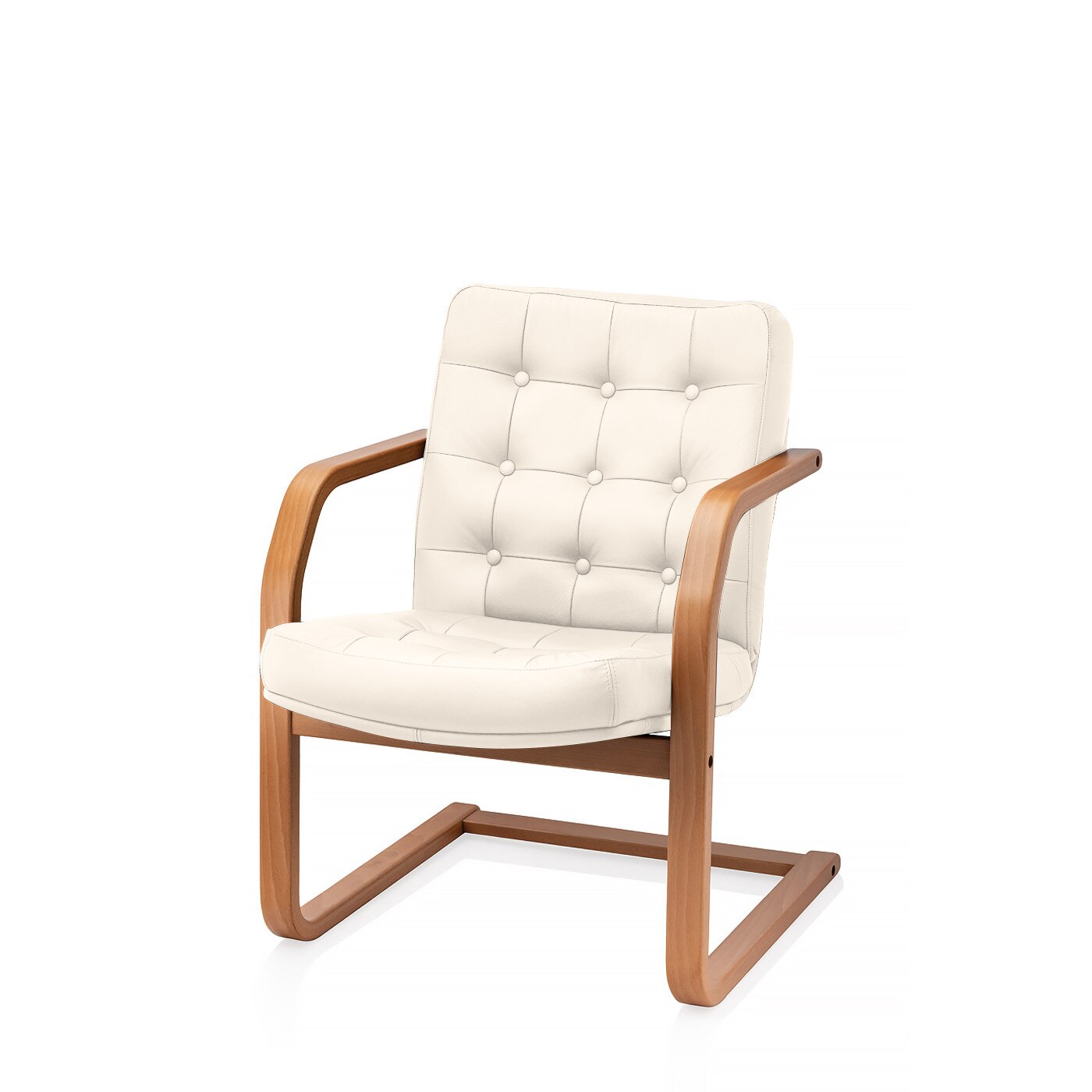 Scaun directorial de birou TRAFFIC CHAIRS POLO V LEMN, piele naturala CREM, brate lemn masiv, baza din lemn masiv