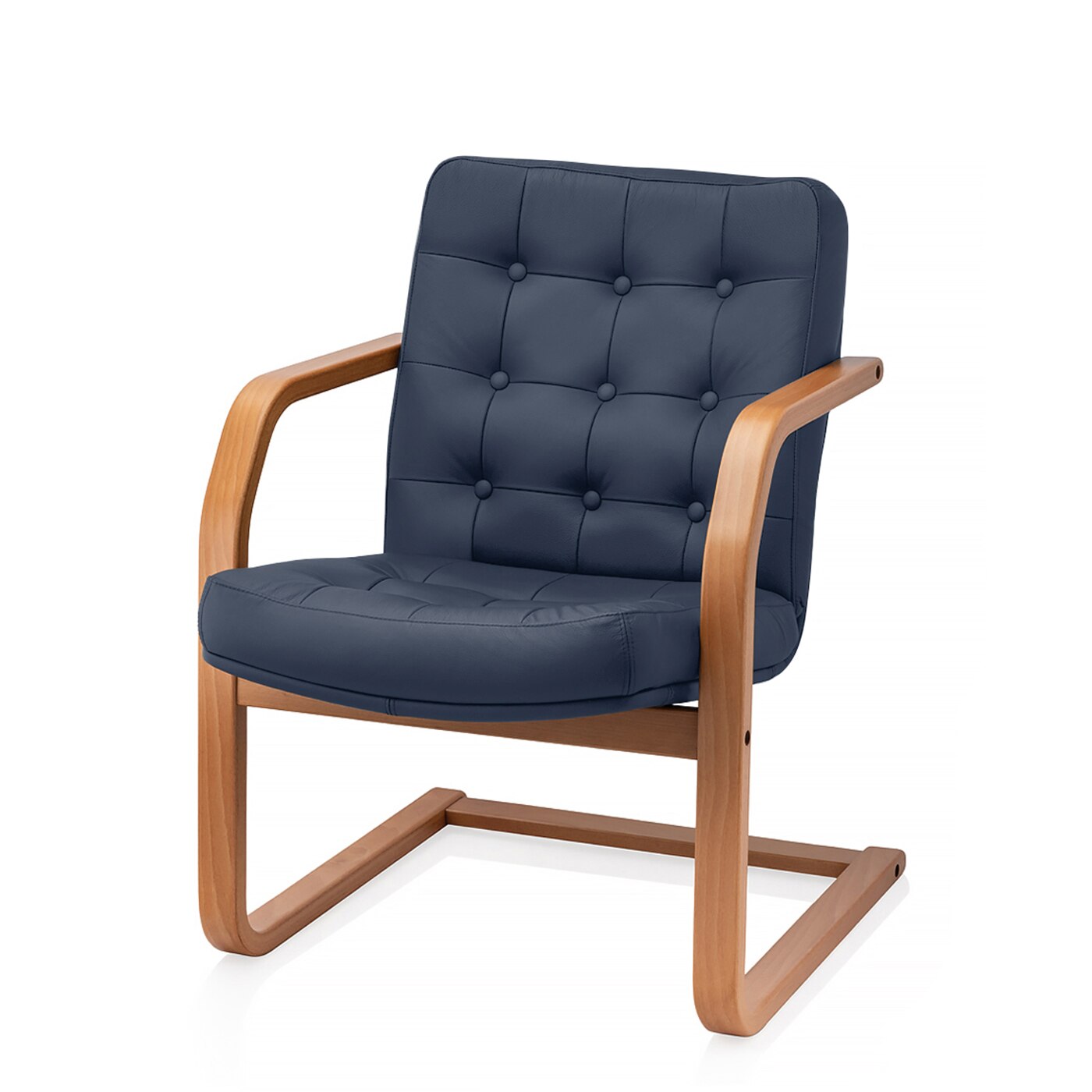 Scaun directorial de birou TRAFFIC CHAIRS POLO V LEMN, piele naturala ALBASTRU, brate lemn masiv, baza din lemn masiv