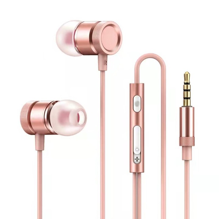 Casti In ear cu fir, Pili-Paradise, Jack 3.5 mm, Compatibilitate PC, Telefon, Laptop, Reducerea zgomotului, Rose gold（EAR-metal-pink）