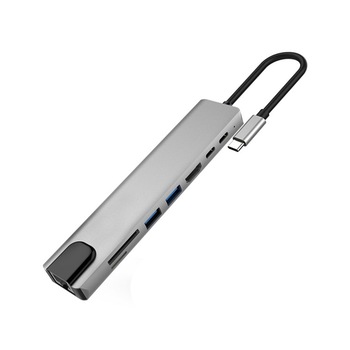 Hub USB tip C, 8 in 1, 4K HDMI, Ethernet 100 Mbps, 3 USB 3.0, USB-C, card SD / TF, gri Hub USB tip C, 8 in 1, 4K HDMI, Ethernet 100 Mbps, 3 USB 3.0, USB-C, card SD / TF, gri