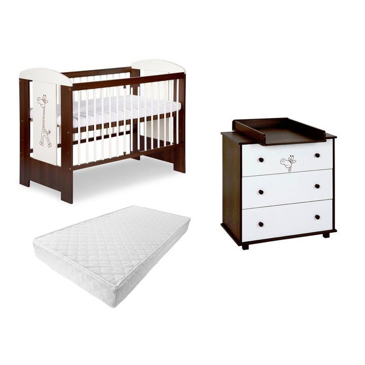 Комплект мебели от 3 части Кошара, скрин и матрак за детска и бебешка стая, дизайн жираф, цвят венге