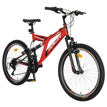 Bicicleta MTB-Full Suspension, Saiguan Revoshift 18 Viteze, Roti 24 Inch, Frane V-Brake, RICH Alpin CSR24/49A, Cadru Rosu cu Design Negru Bicicleta MTB-Full Suspension, Saiguan Revoshift 18 Viteze, Roti 24 Inch, Frane V-Brake, RICH Alpin CSR24/49A, Cadru Rosu cu Design Negru
