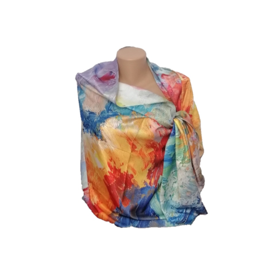 Esarfa Dama Tip Sal cu 2 Fete, Imprimeu tip Pictura, Matase si Vascoza, Multicolor