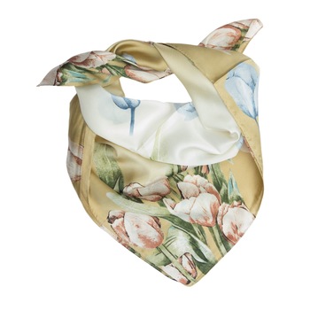 Esarfa, de dama, 70x70 cm, Buticcochet, Maro cu lalele - ES684 Esarfa, de dama, 70x70 cm, Buticcochet, Maro cu lalele - ES684