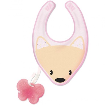 Baveta Chicco cu jucarie dentitie, fete, Roz Baveta Chicco cu jucarie dentitie, fete, Roz