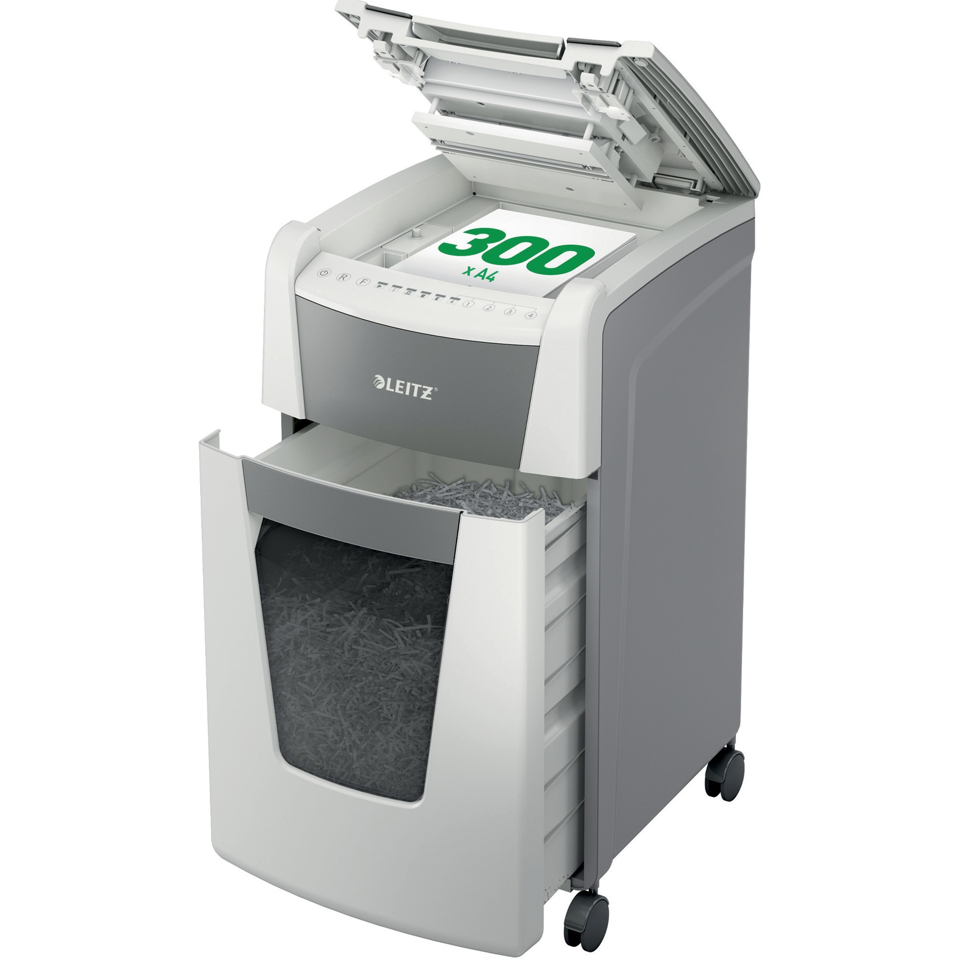 Distrugator documente automat Leitz IQ Office, P4, cross-cut (confeti), 300 coli, cos 60l, silentios, alb-gri