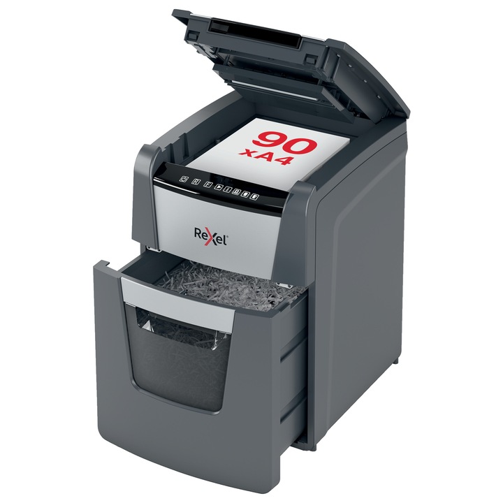 Distrugator documente automat REXEL OPTIMUM 90X, P4, cross-cut (confeti), 90 coli, cos 34l, negru-gri