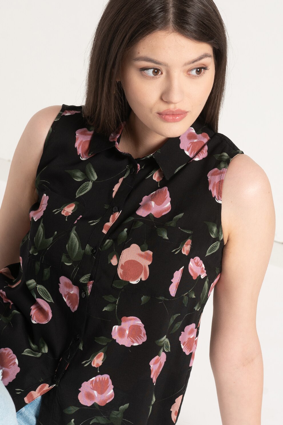 Haily's, Camasa fara maneci cu imprimeu floral si buzunare aplicate Eva, negru, roz prafuit, verde marin