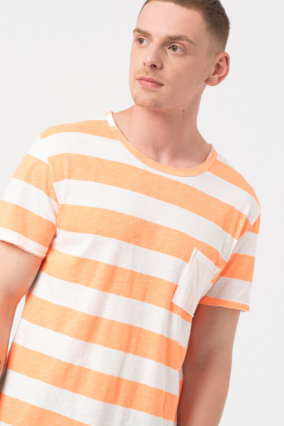 Haily's, Tricou cu dungi si buzunar pe piept Fluo, Oranj neon/Alb