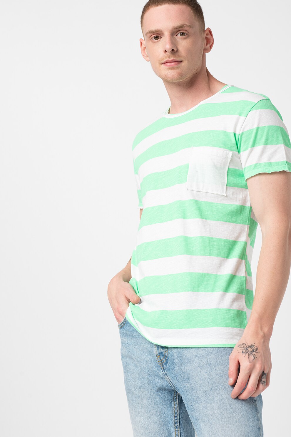 Haily's, Tricou cu dungi si buzunar pe piept Fluo, Verde electric/Alb