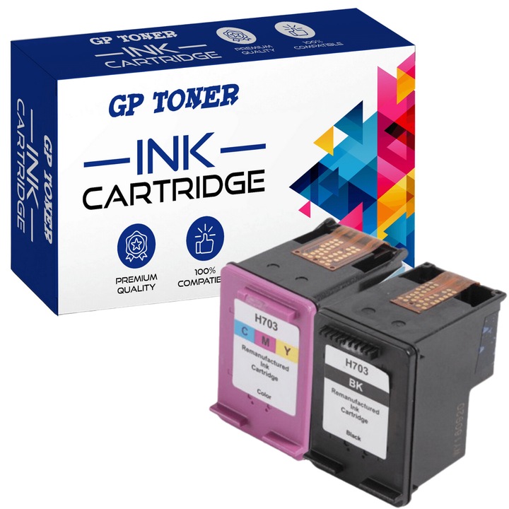 Set 2 cartuse de cerneala, GP Toner, Compatibil cu HP 703 CD887AE D730 K109a K209a XL, Multicolor