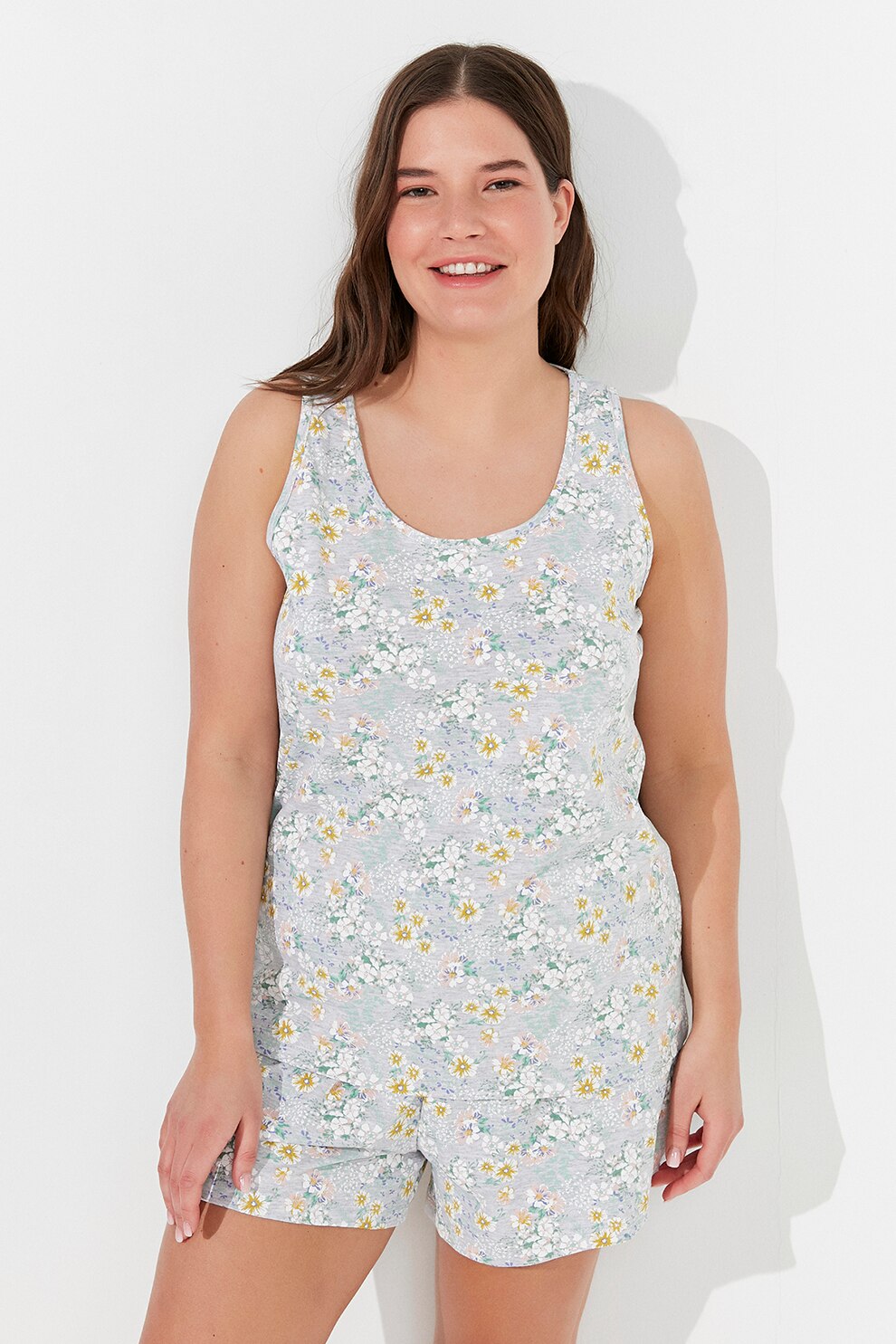 Penti, Pijama scurta cu imprimeu, Verde pal/Galben sofran/Alb, M