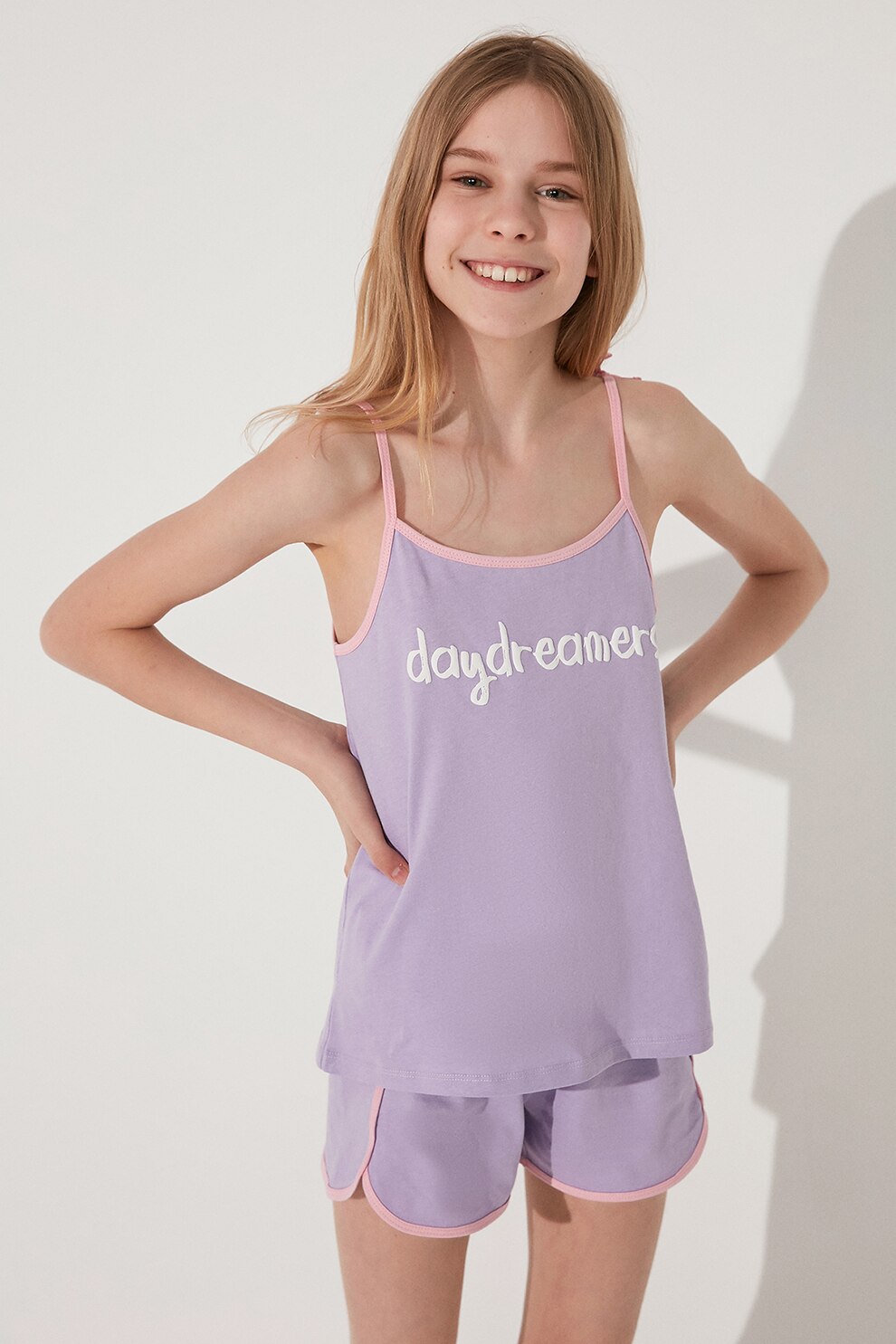 Penti, Pijama cu bretele si detaliu text, Violet deschis/alb