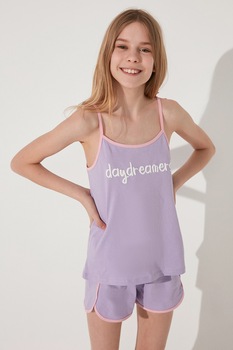 Penti, Pijama cu bretele si detaliu text, Violet deschis/alb Penti, Pijama cu bretele si detaliu text, Violet deschis/alb