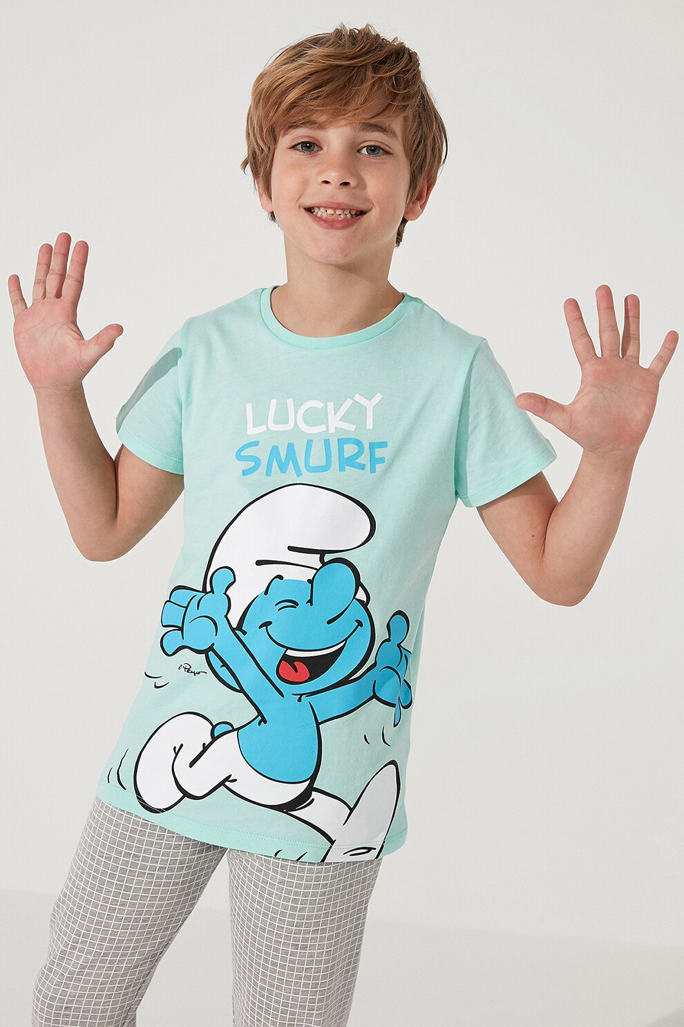 Penti, Pijama de bumbac cu imprimeu, Albastru aquamarin/Gri/Alb, 116 CM