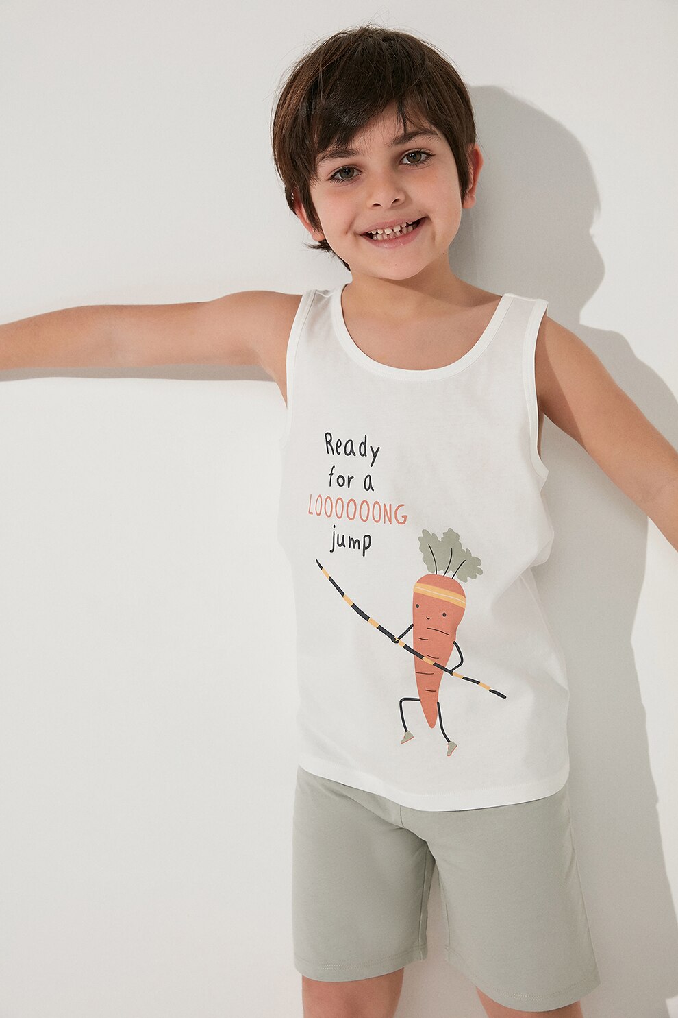 Penti, Pijama de bumbac cu imprimeu grafic, Alb/Gri/Oranj