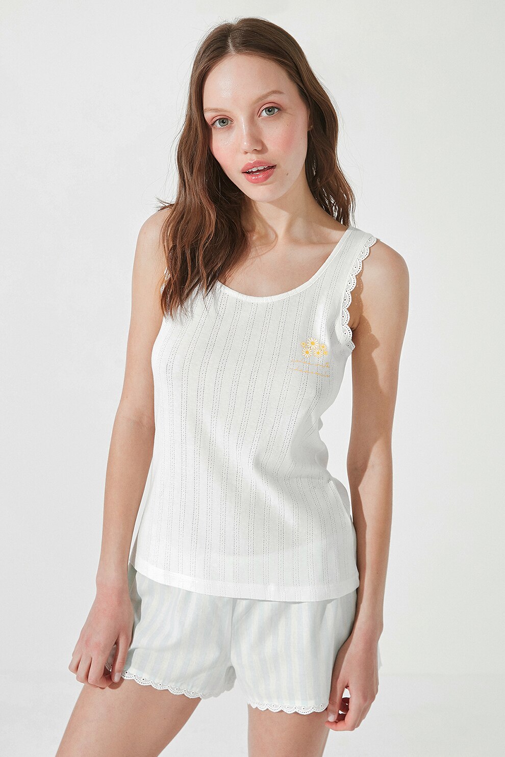 Penti, Pijama cu imprimeu si terminatii valurite, Alb/Galben