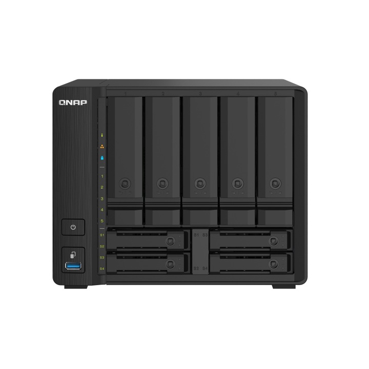 NAS, QNAP, 5+4 чекмеджета, TS-932PX-4G Cortex-A57 4x1.7GHz, 1x4GB RAM, 2x2.5G/1G/100M, 2x10GbE SFP+, Черен