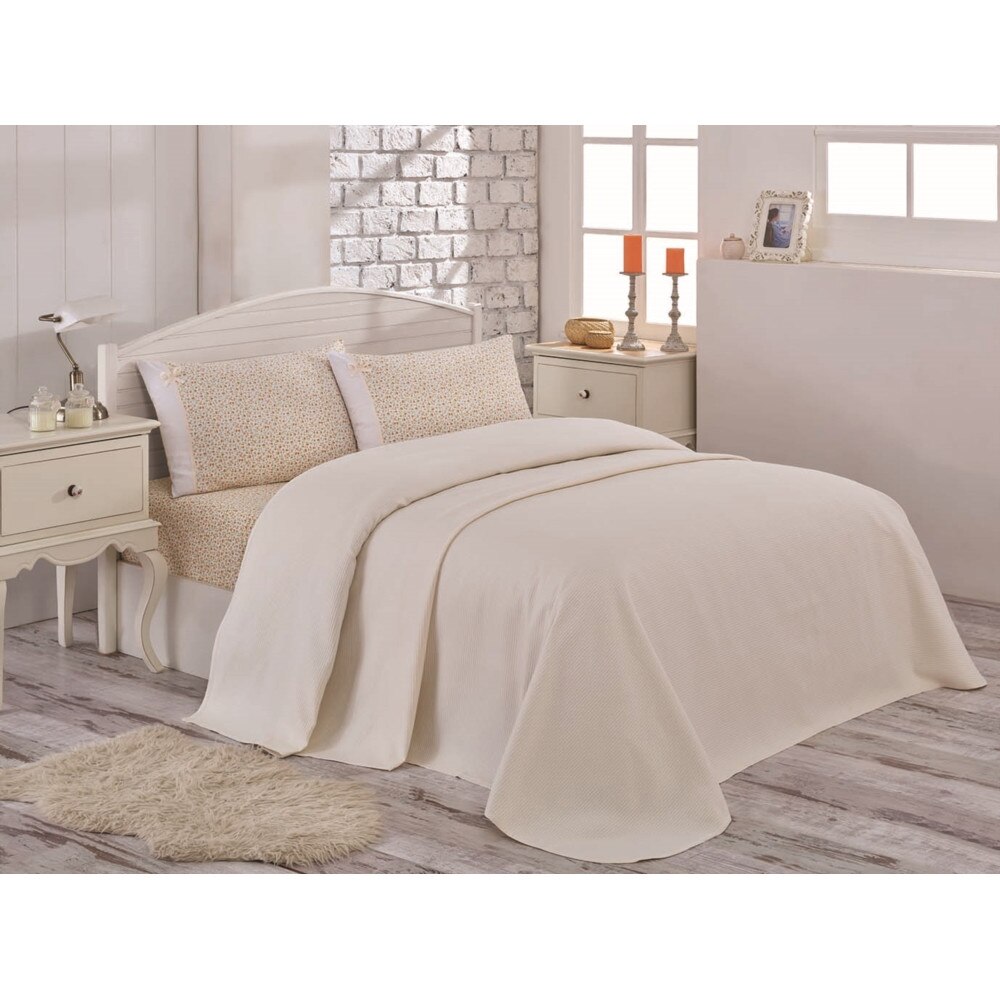 Lenjerie pat Flower Krem, 2 persoane, 100% bumbac ranforce, 4 piese