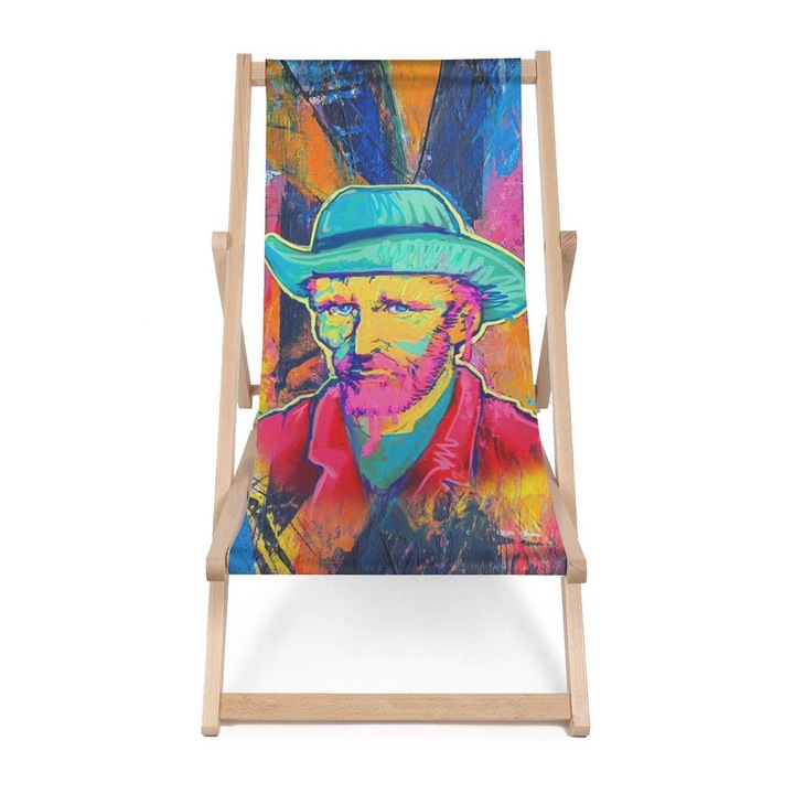 Scaun pliabil tip sezlong, Model Van Gogh, Maxim 130kg, 120 x 58 cm, Lemn de fag/Poliester, Multicolor