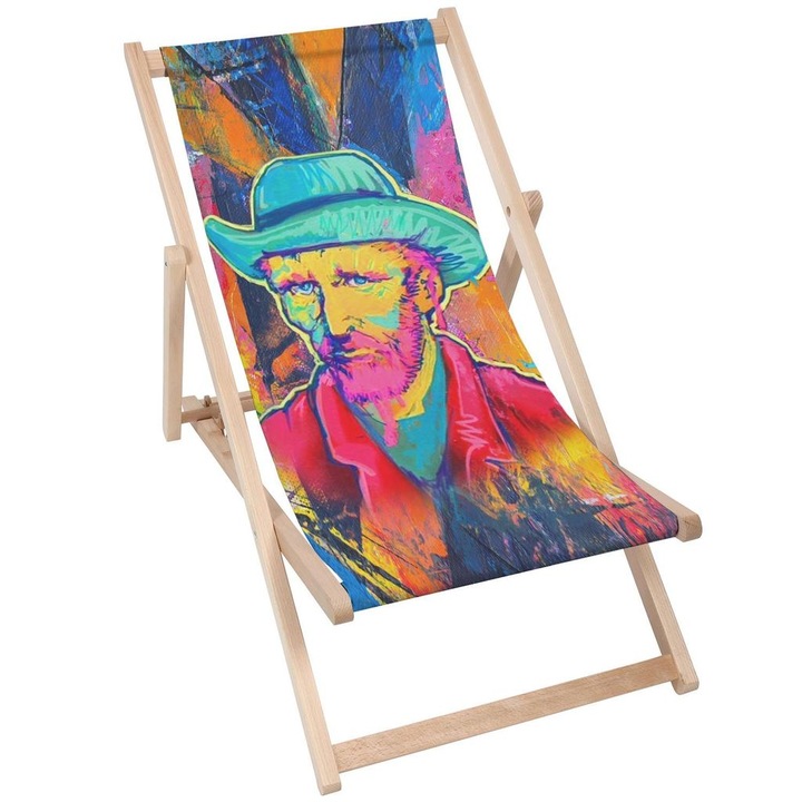Scaun pliabil tip sezlong, Model Van Gogh, Maxim 130kg, 120 x 58 cm, Lemn de fag/Poliester, Multicolor