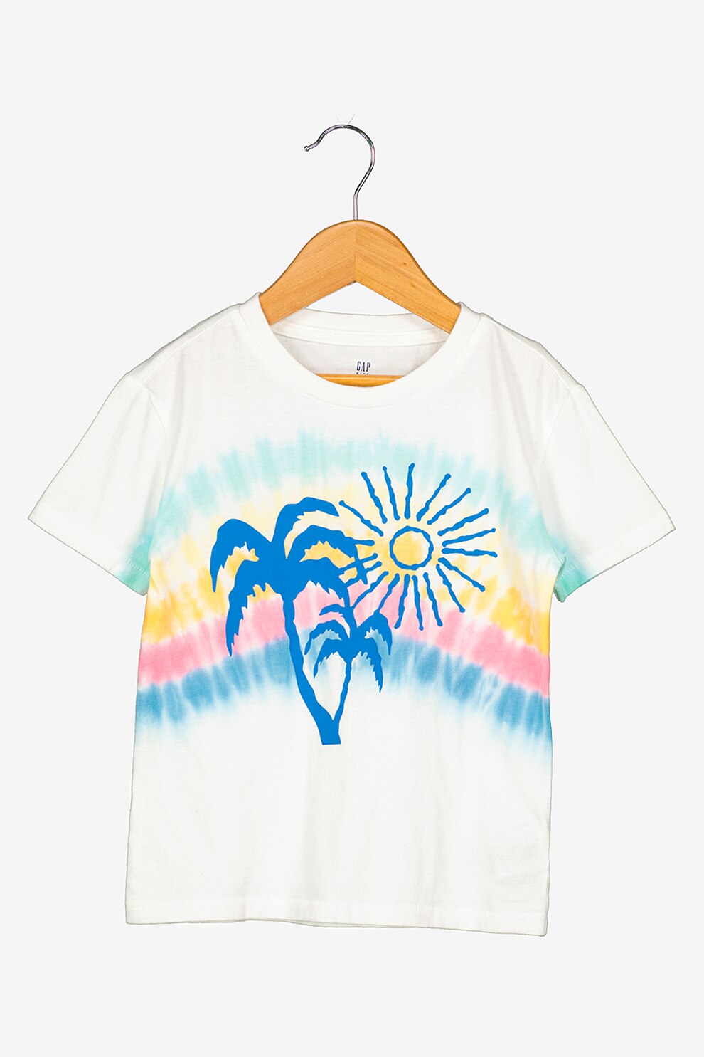 GAP, Tricou cu decolteu la baza gatului si imprimeu grafic, Alb/Albastru/Galben