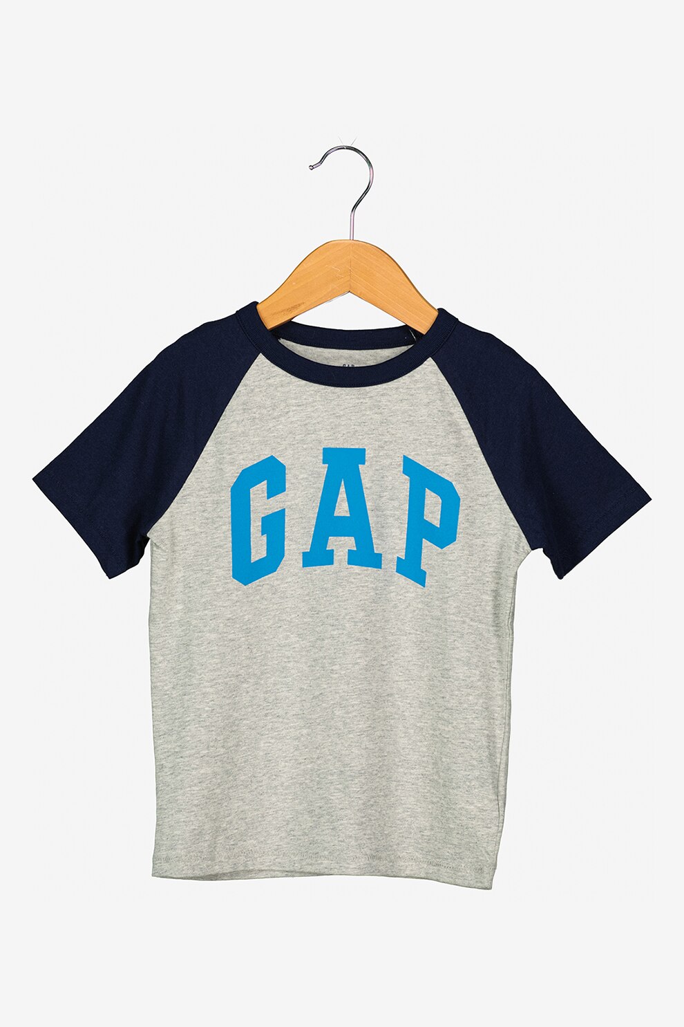GAP, Tricou cu imprimeu logo si maneci raglan, Gri melange/Bleumarin