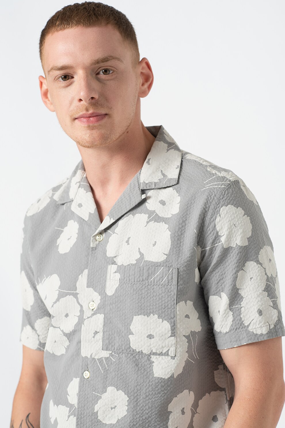 GAP, Camasa din bumbac cu imprimeu floral, Gri/Alb