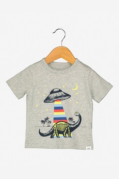 GAP, Tricou cu imprimeu grafic si decolteu la baza gatului, Gri melange GAP, Tricou cu imprimeu grafic si decolteu la baza gatului, Gri melange