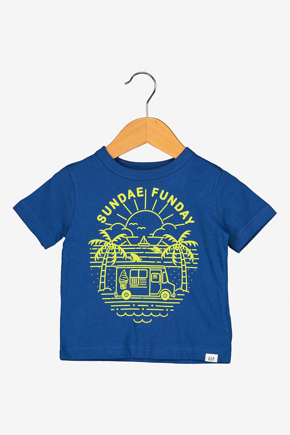 GAP, Tricou cu imprimeu grafic si decolteu la baza gatului, Albastru inchis/Galben