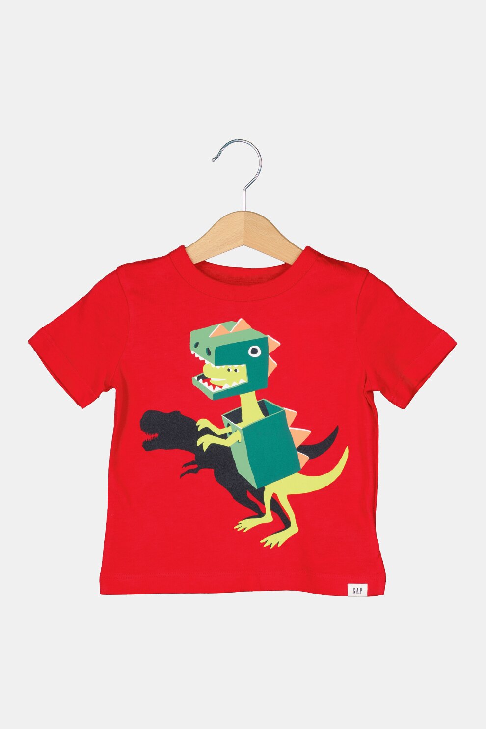 GAP, Tricou cu imprimeu grafic si decolteu la baza gatului, Rosu/Verde