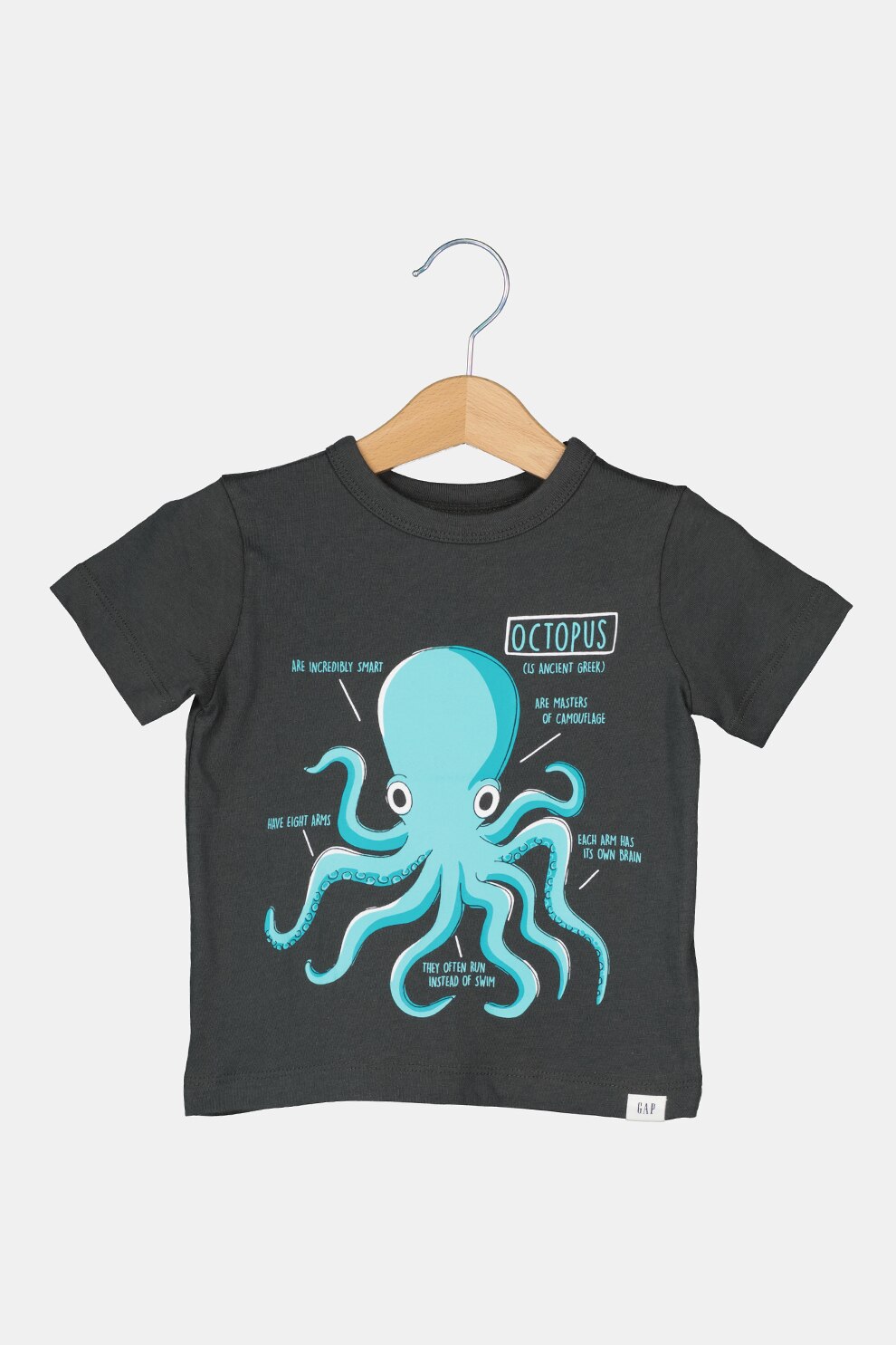 GAP, Tricou cu imprimeu grafic si decolteu la baza gatului, Gri inchis/Turcoaz